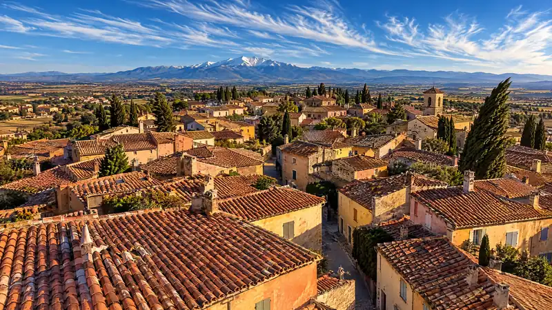 Toits en tuile canal d’un village du Roussillon, le Canigou enneigé à l’horizon